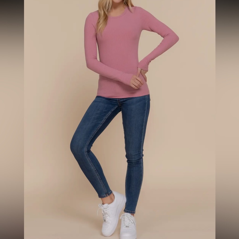 ShopEvelynne Pink Long Sleeve Crew Neck Rayon Rib Knit Tee - Picture 4 of 8